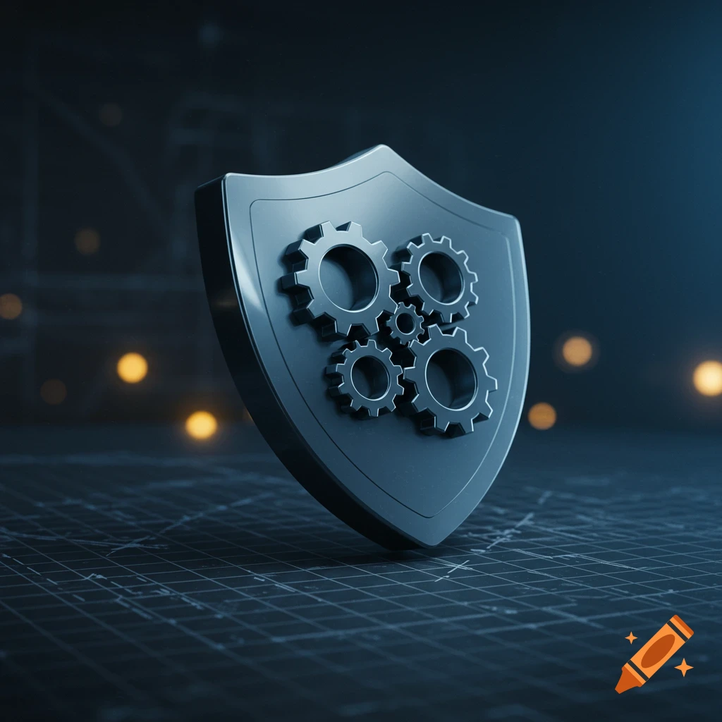 A metallic shield with gears inside, symbolizing security and technology on a dark, abstract background with bokeh lights.