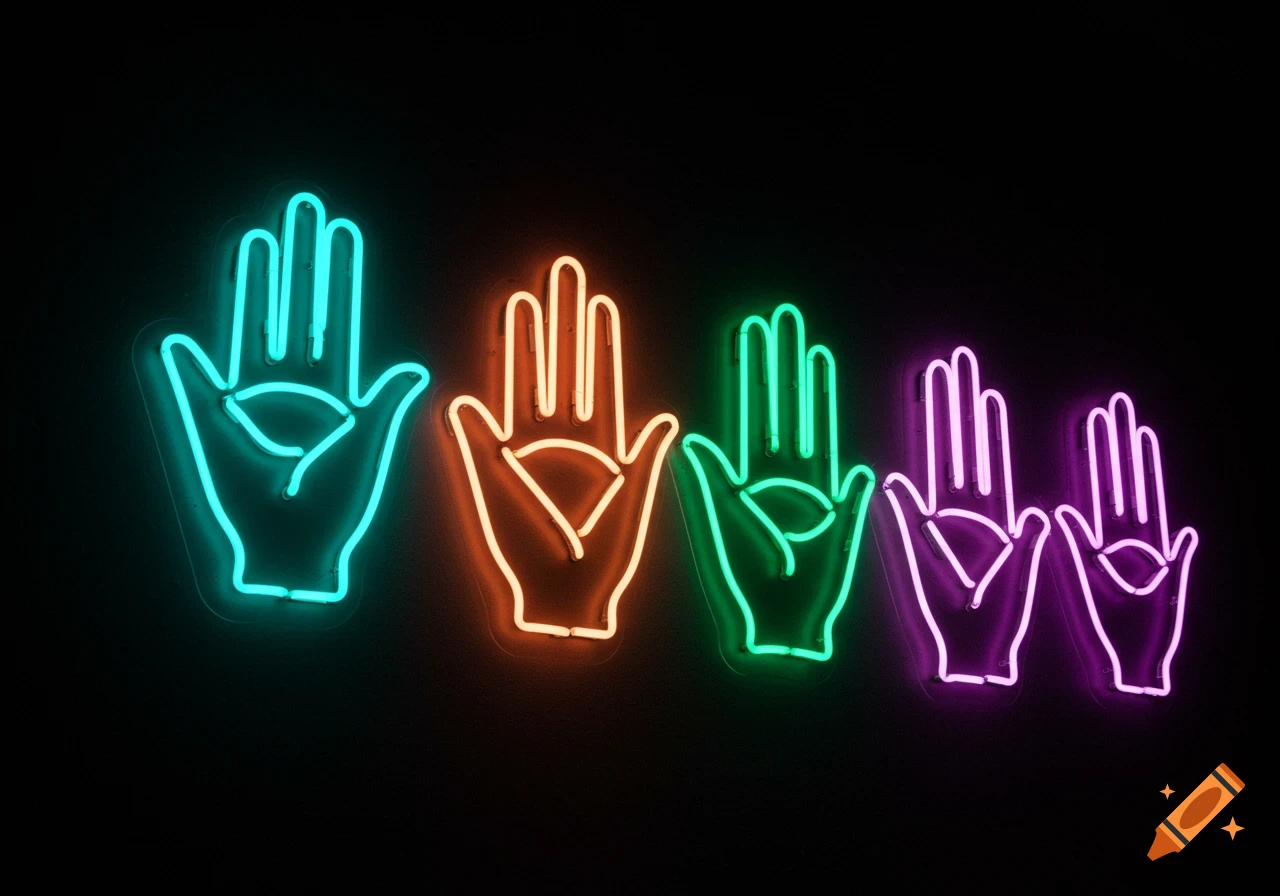 Five glowing neon hand symbols in turquoise, orange, green, and purple against a black background.