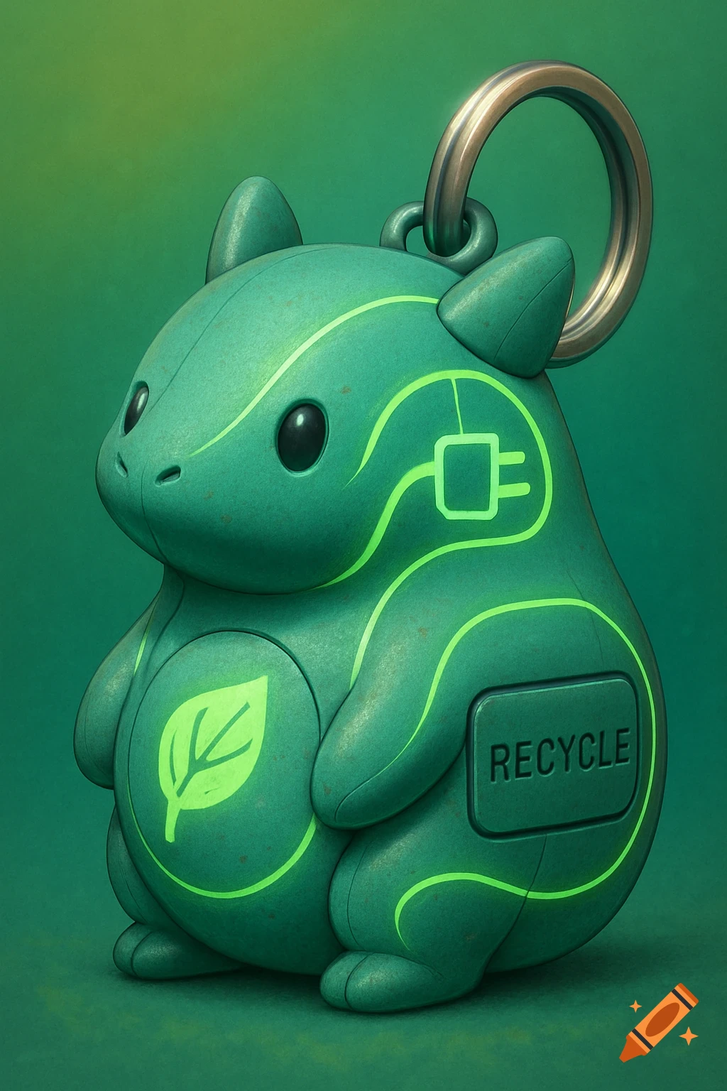A cute, green, creature-shaped keychain with glowing electric plug and leaf symbols, and the word 'RECYCLE' on its side.