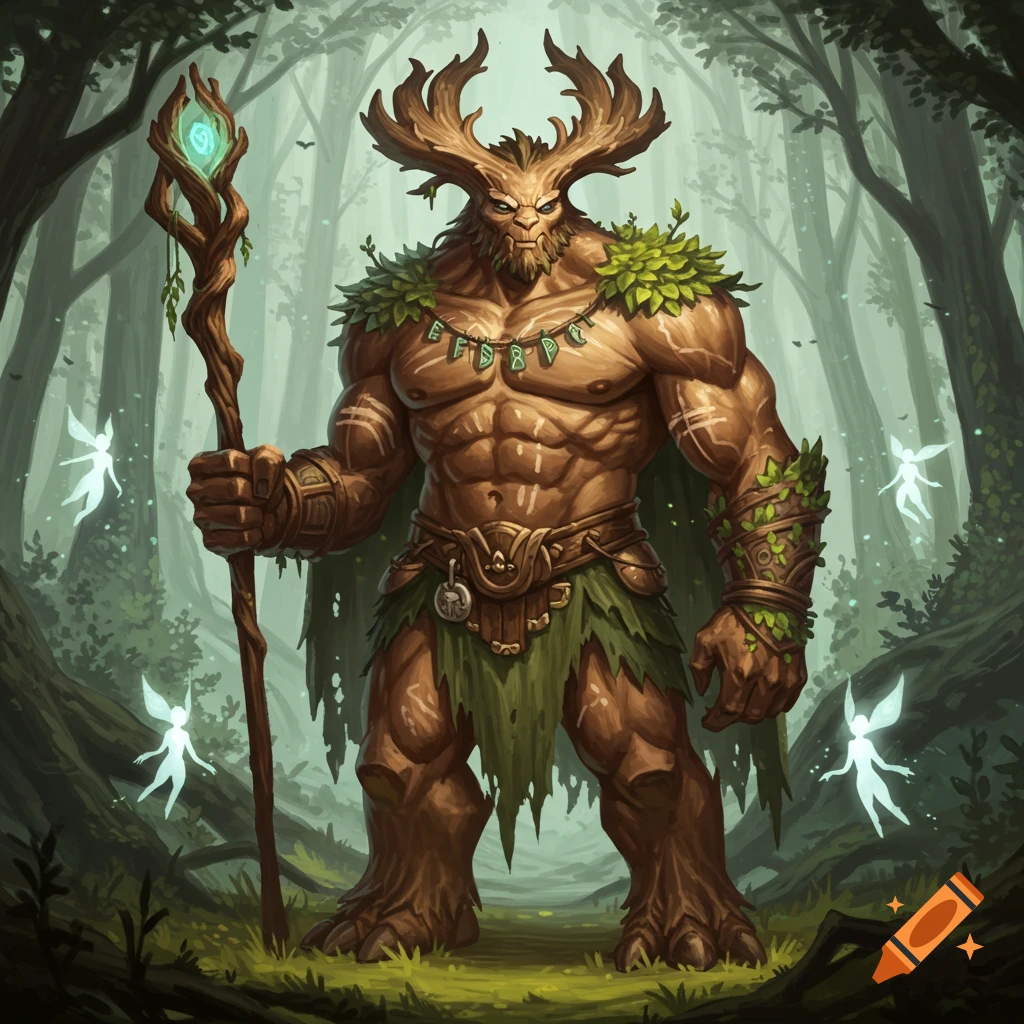 A muscular firbolg with antlers and a leafy cape stands in a forest, holding a glowing staff, with fairies flying around him.