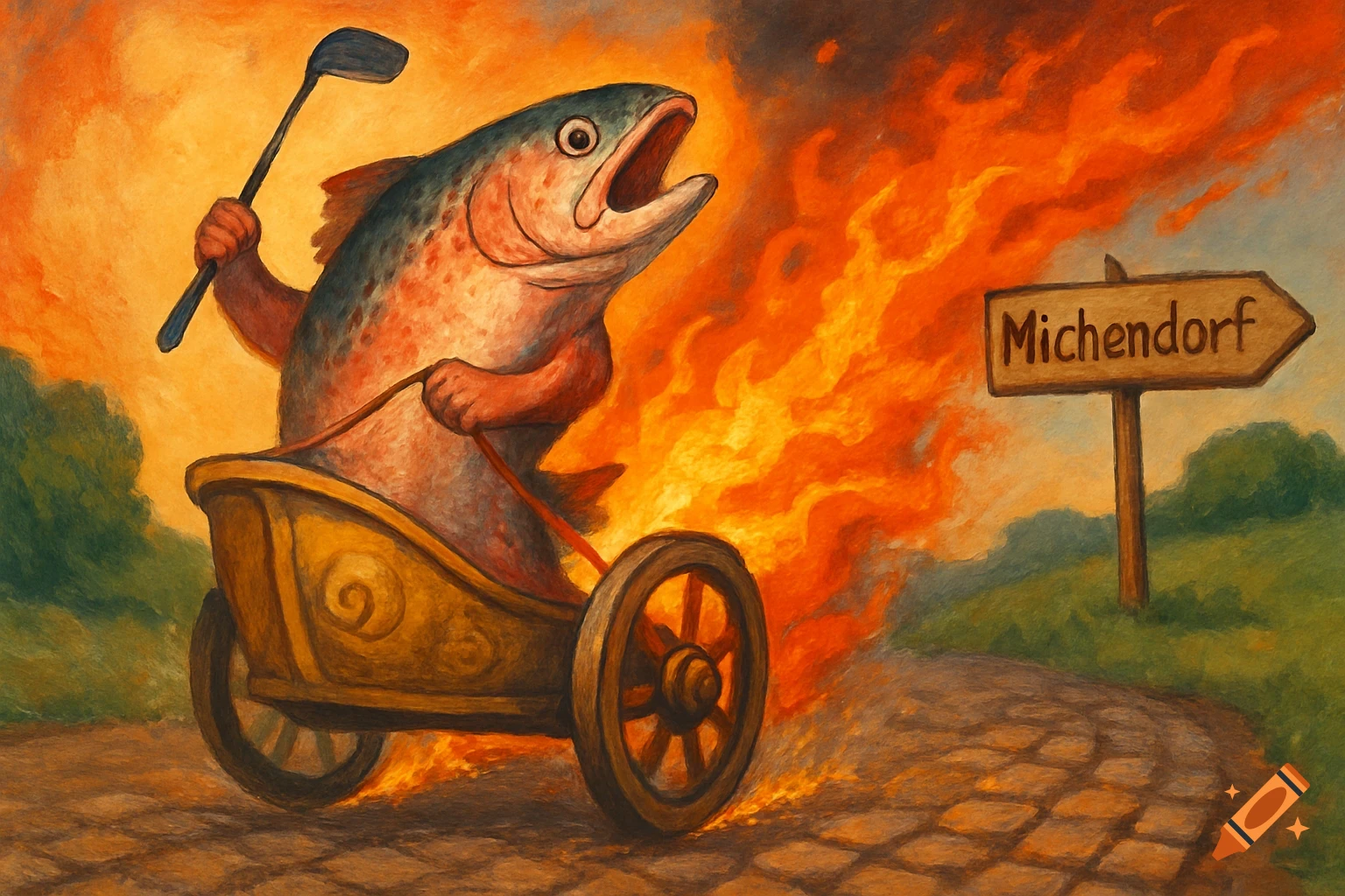 A salmon in a Roman-style chariot spewing flames, holding a golf club, driving past a sign to Michendorf, in a vibrant painterly style.
