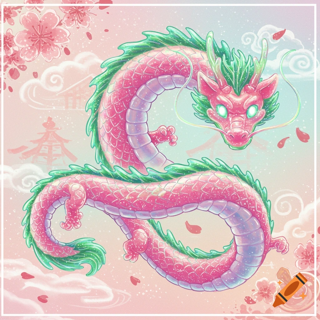 A stylized pink and green Japanese dragon with a gummy texture, surrounded by pink cherry blossoms and clouds.