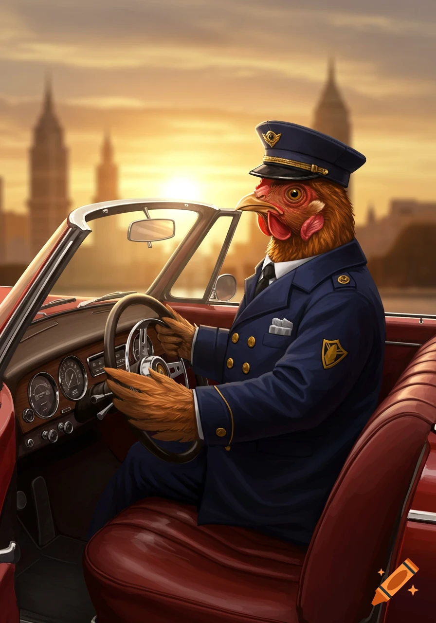 An anthropomorphic chicken chauffeur in a blue uniform drives a red convertible car at sunset, with a city skyline behind. Digital art.