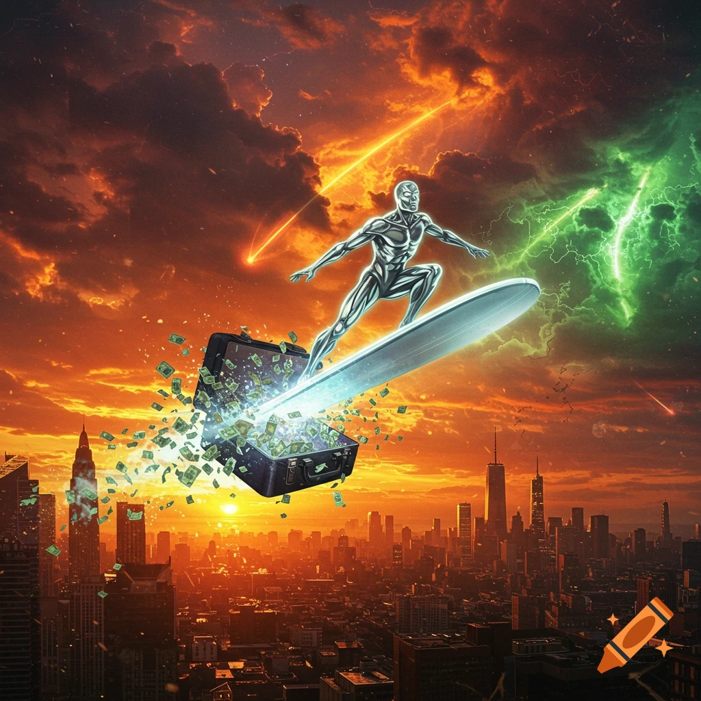 A Silver Surfer-like figure flies on a board over a city skyline, with money exploding from a briefcase against a dramatic orange and green sky.