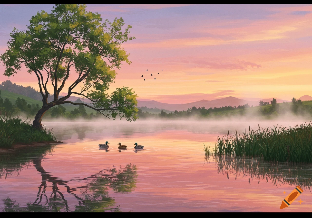 Three ducks swim on a misty lake at sunset, with a large tree on the left and mountains in the distance, in a painted style.