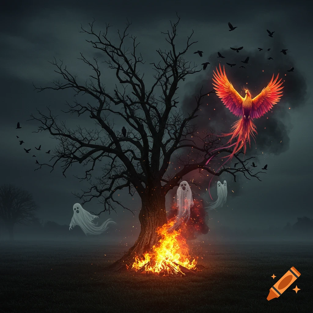 A burning bare tree in a dark field with white ghosts, a vibrant phoenix, and black ravens flying in a gloomy sky.