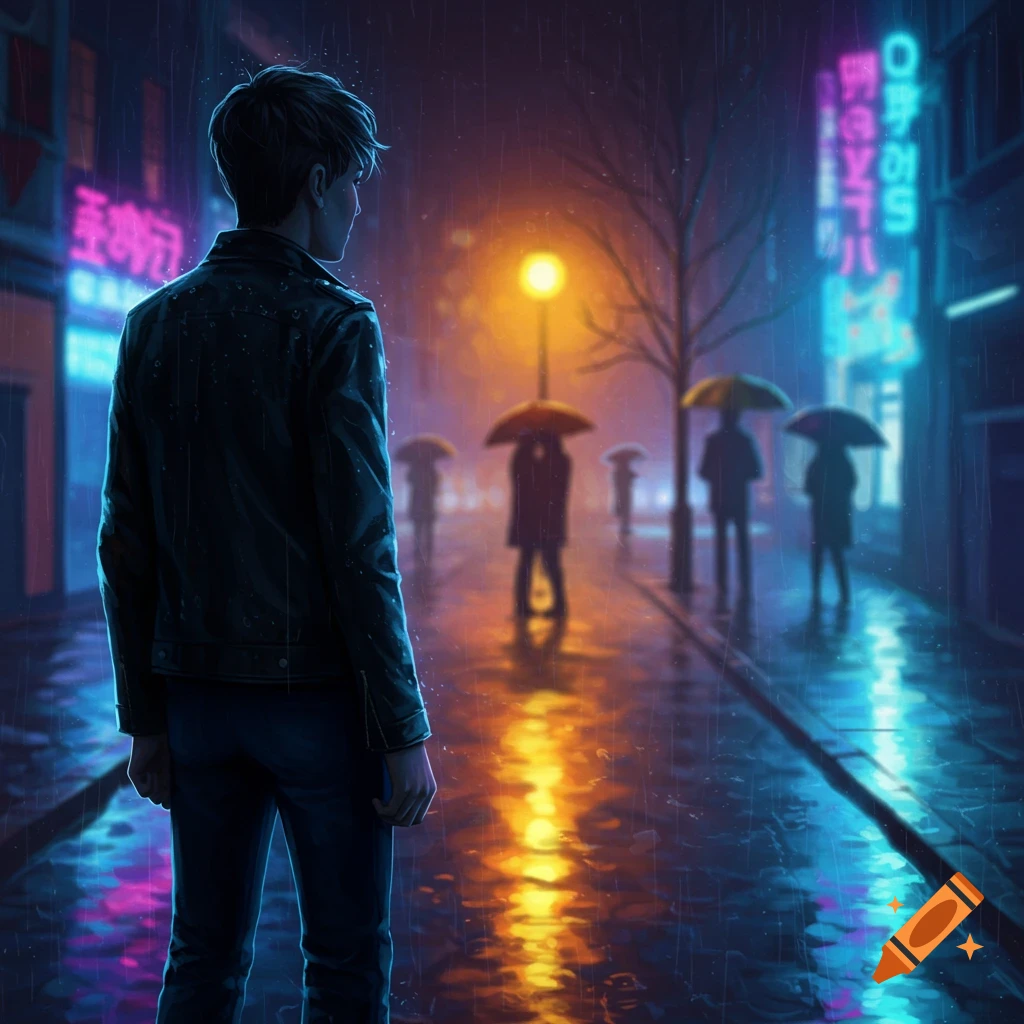 A person in a leather jacket stands on a rainy city street at night, illuminated by neon signs and streetlights.