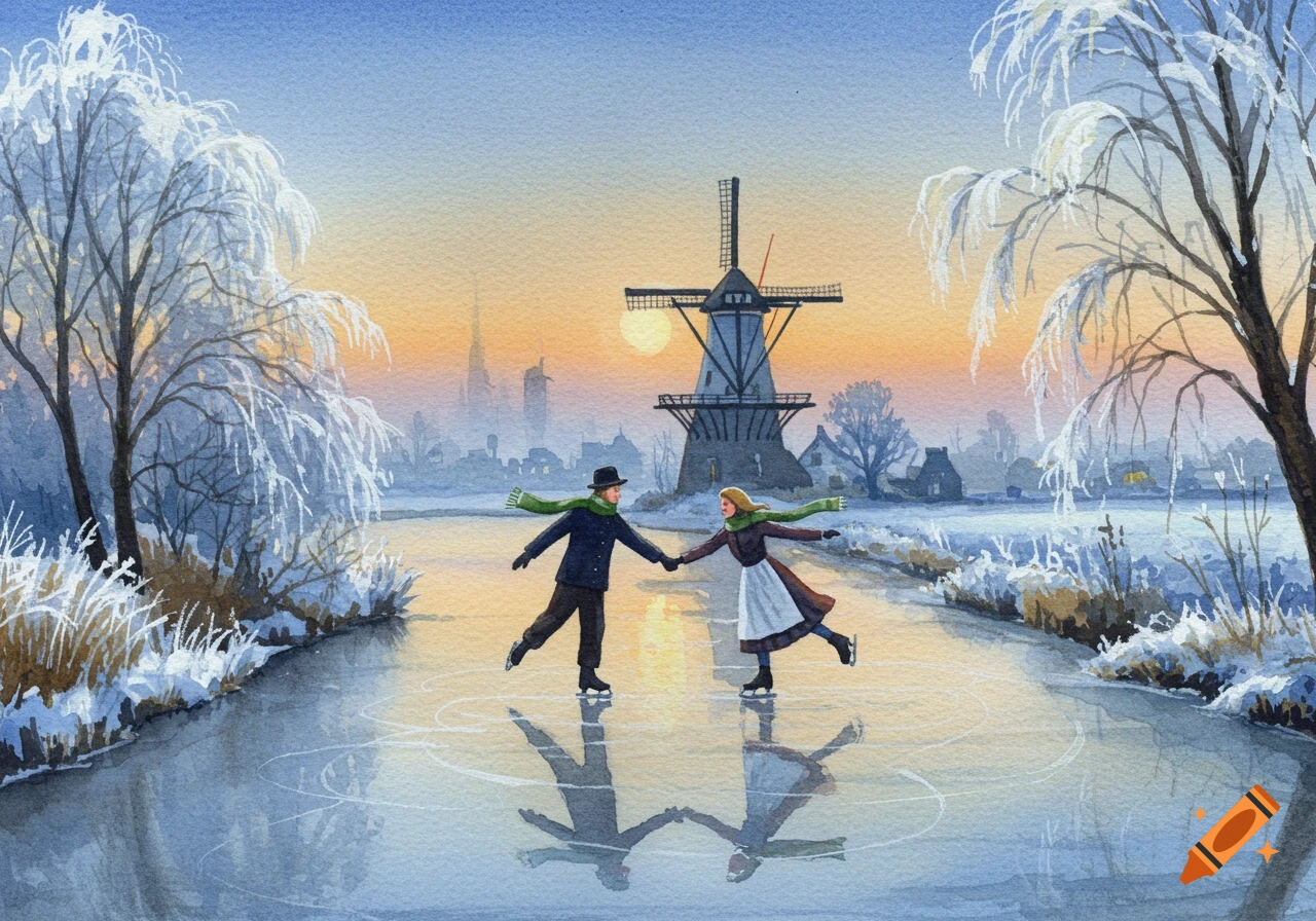 Watercolor painting of a couple ice skating on a frozen canal with a Dutch windmill and frosty trees at sunset.