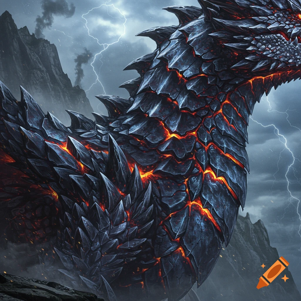 A majestic dragon with dark, jagged scales glowing with orange lava-like cracks, set against a stormy sky with lightning and mountains.