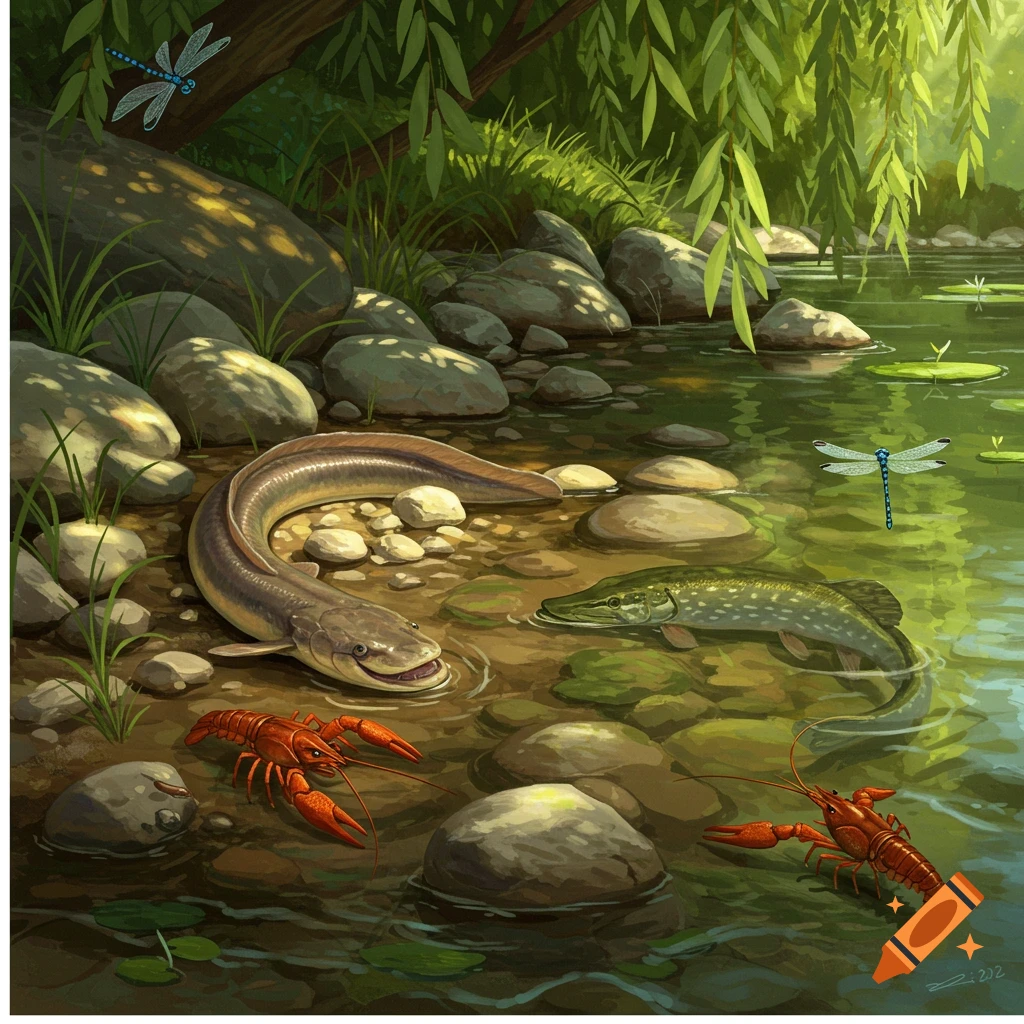 Stylized illustration of an eel, pike, two crayfish, and two dragonflies in a shallow, rocky river with lush green foliage.