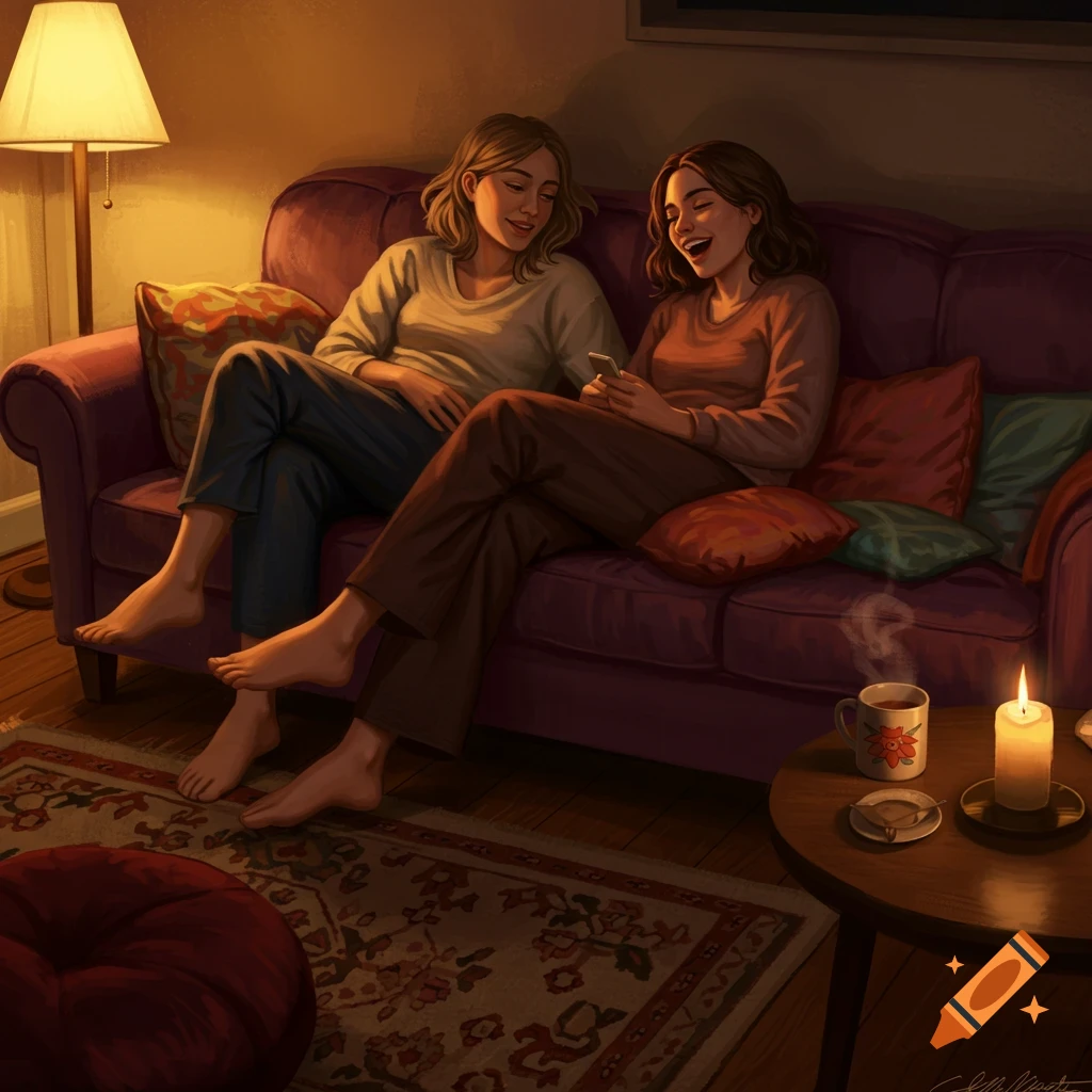 Two women sit barefoot on a purple couch in a cozy, dimly lit room, one laughing, one looking at a phone. An illustrated scene.