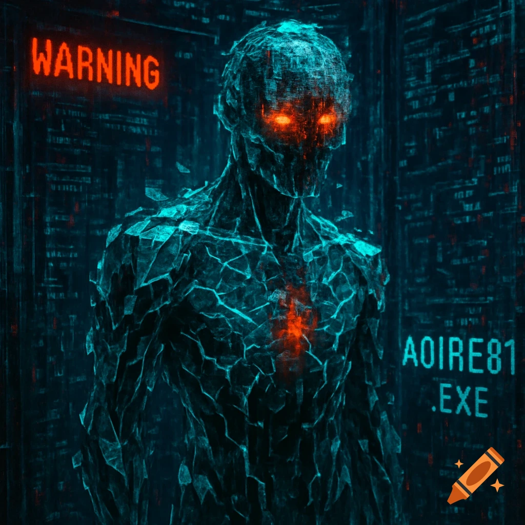 A humanoid figure of fractured blue and teal data shards with glowing orange eyes stands in a dark data vault with red 'WARNING' text and code.