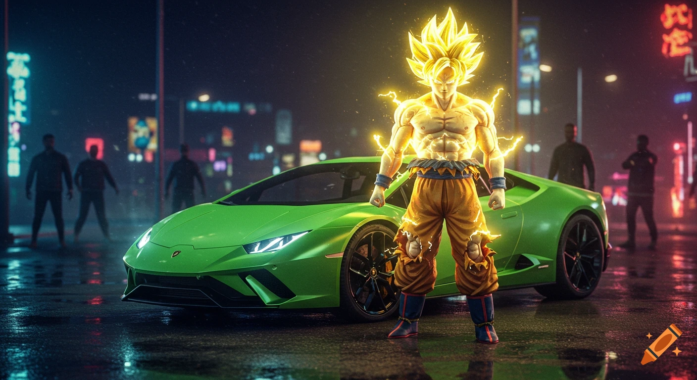 Super Saiyan Goku with golden aura stands beside a neon green Lamborghini on a wet, reflective cyberpunk city street at night, with blurred onlookers.