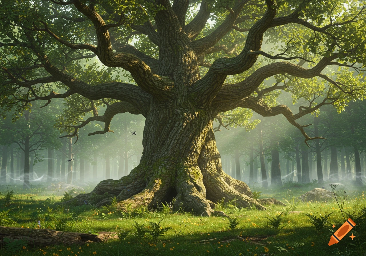A majestic, old oak tree with a thick trunk and spreading branches stands in a sunlit, misty forest clearing.