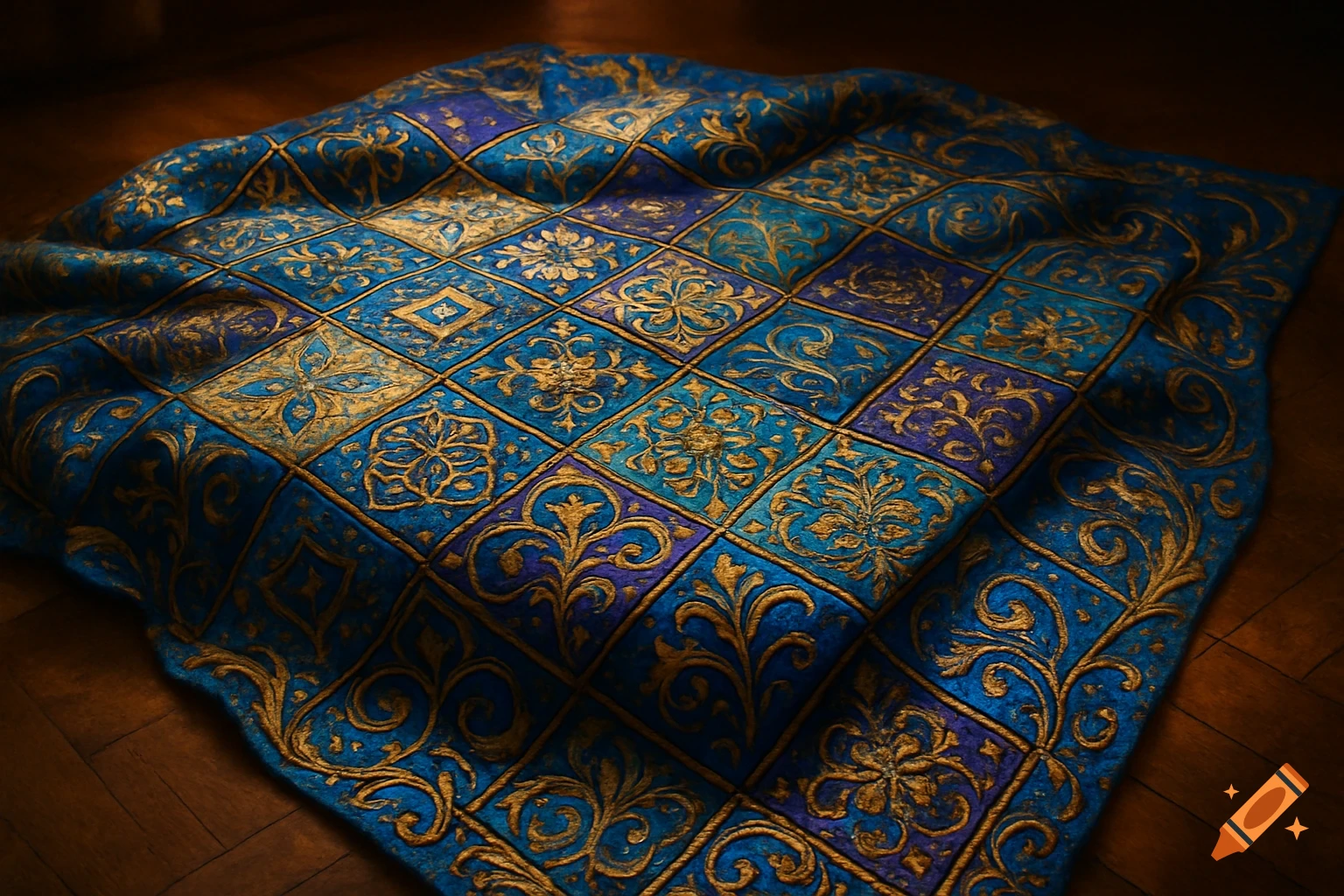 A rich blue and gold mosaic-patterned quilt in Venetian style lies on a dark wooden floor.