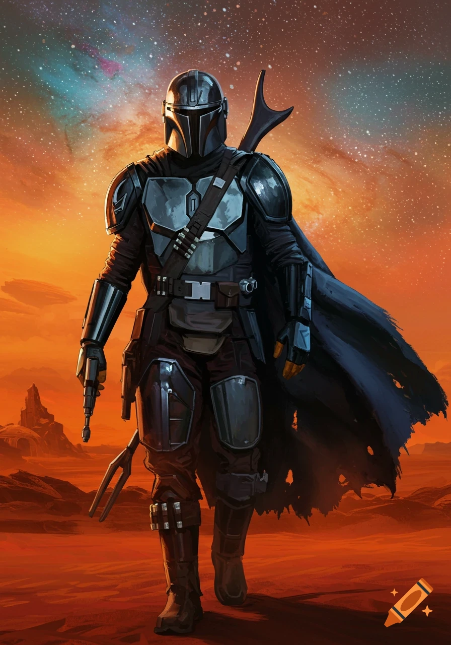 The Mandalorian in full beskar armor walks across a red desert landscape under a starry, orange and blue sky. Digital art.