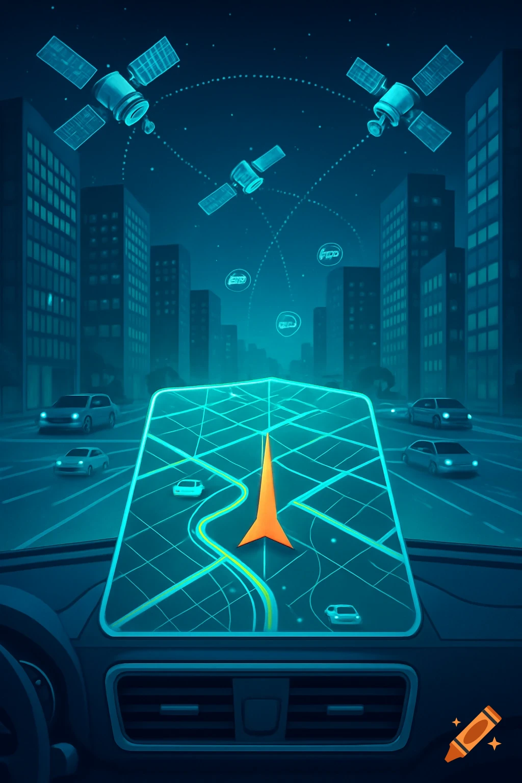 Holographic GPS map showing a route through a futuristic city at night, with satellites above.