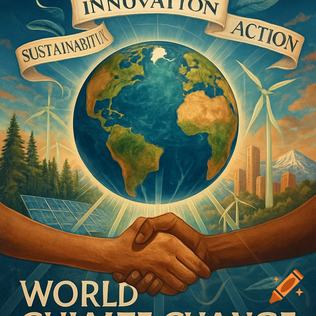 A stylized poster showing Earth, hands shaking, surrounded by renewable energy infrastructure and text about climate change, innovation, and action.
