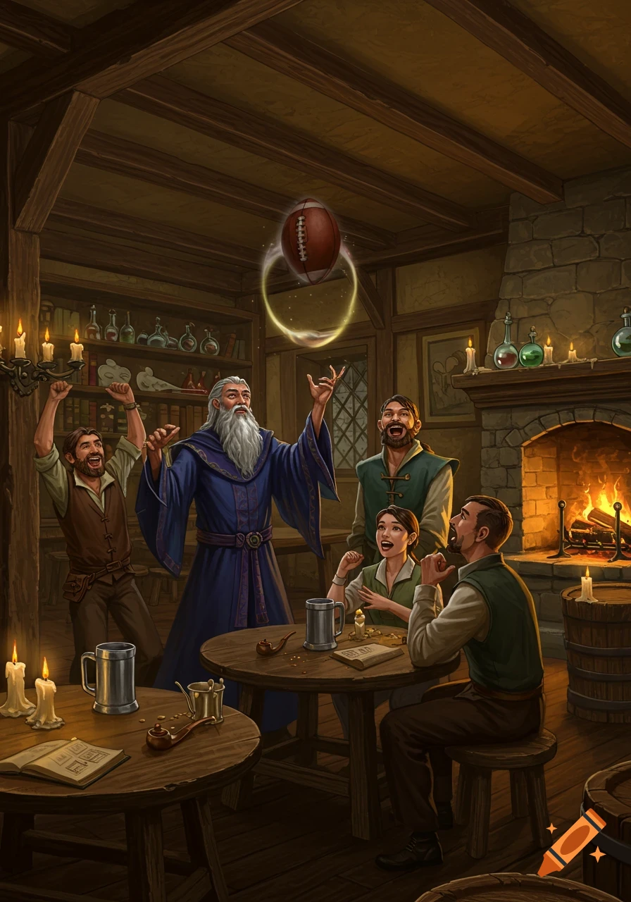 A grey-bearded wizard in a blue robe magically levitates a football in a cozy, candlelit fantasy tavern, surrounded by cheering patrons.