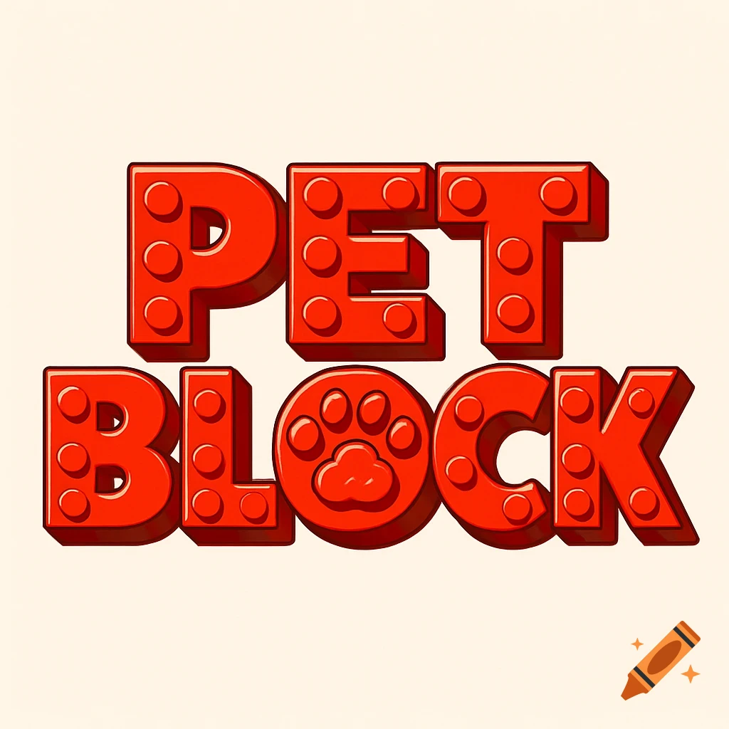 A logo with the words "PET BLOCK" in red, three-dimensional block letters resembling building toys. The letter 'O' in "BLOCK" is replaced with a paw print.