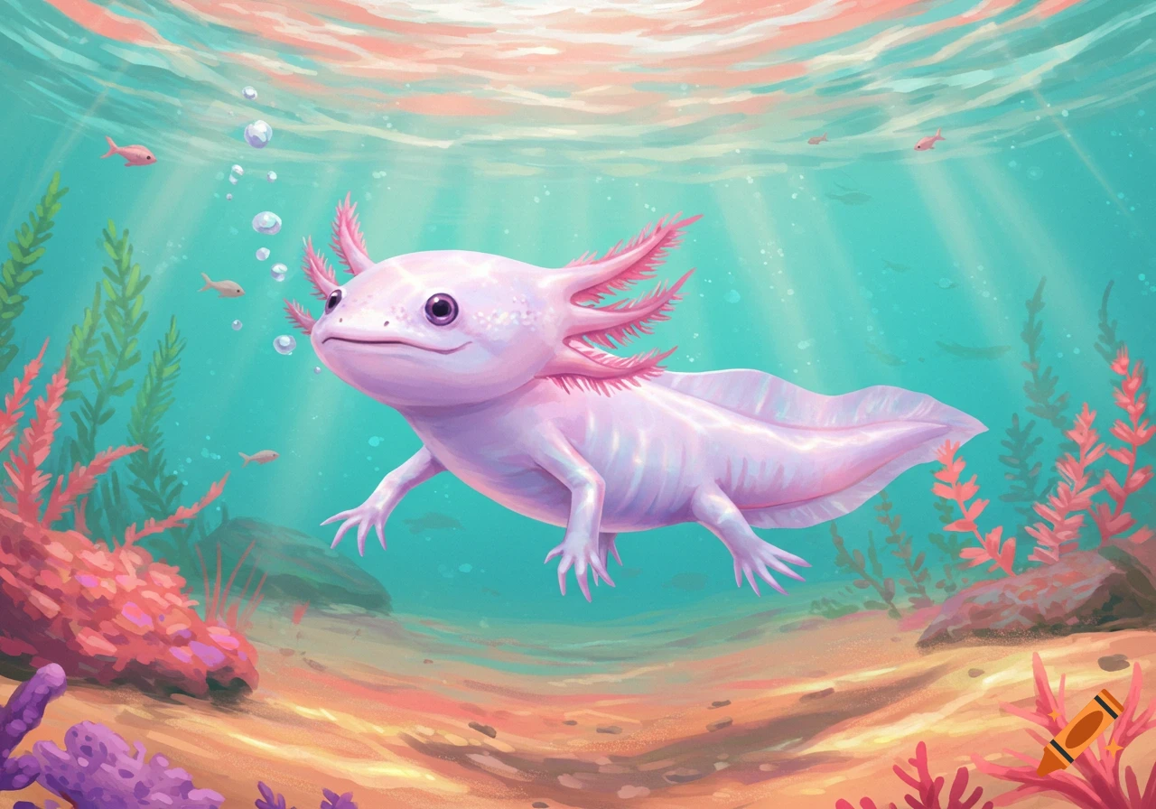 A cute, pastel pink axolotl with feathery gills swims underwater amidst colorful coral, green seaweed, and small fish.
