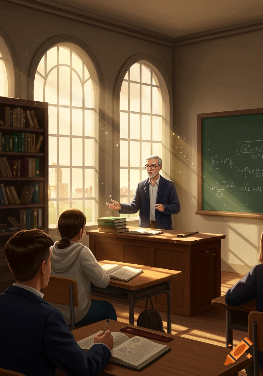 An illustration of a male teacher speaking to students in a sunlit classroom with large arched windows, a bookshelf, and a blackboard.