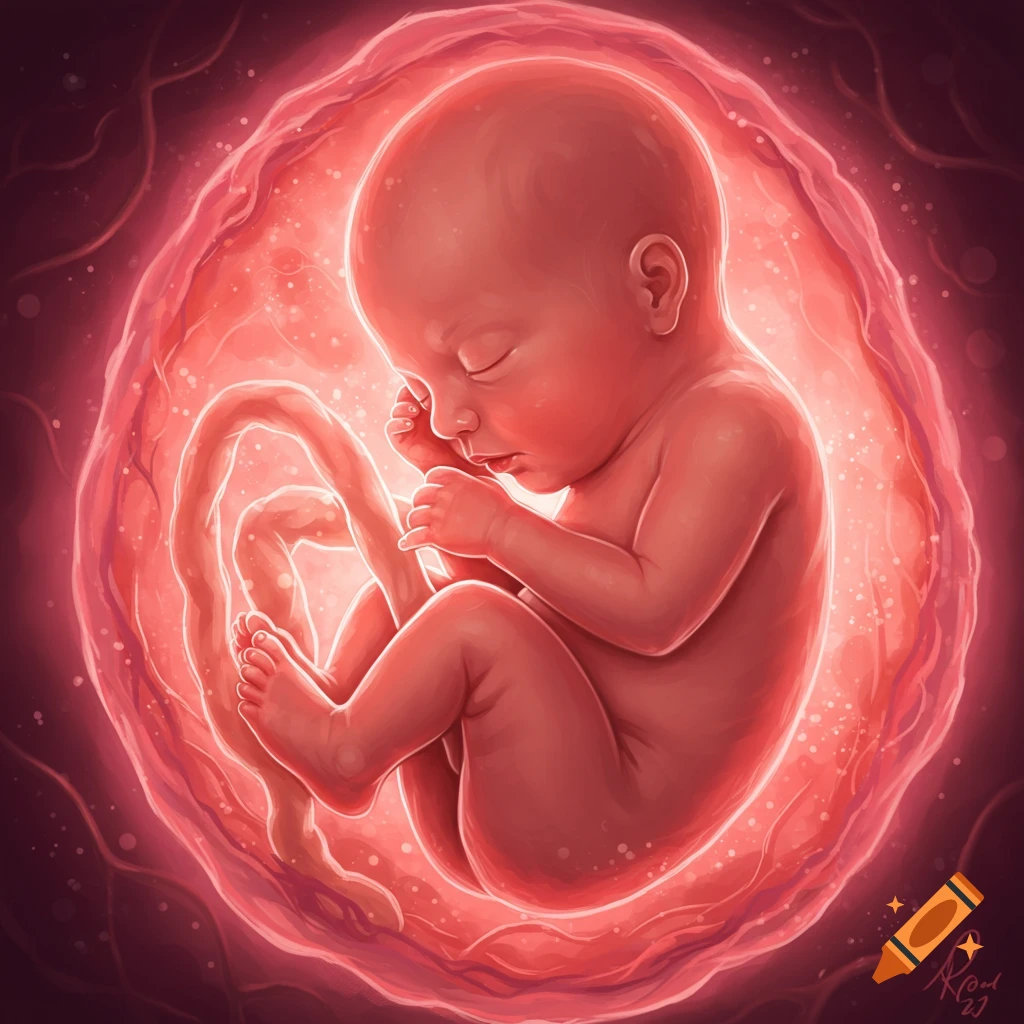 An illustration of a developing human fetus curled within a glowing red womb, appearing peaceful and serene.