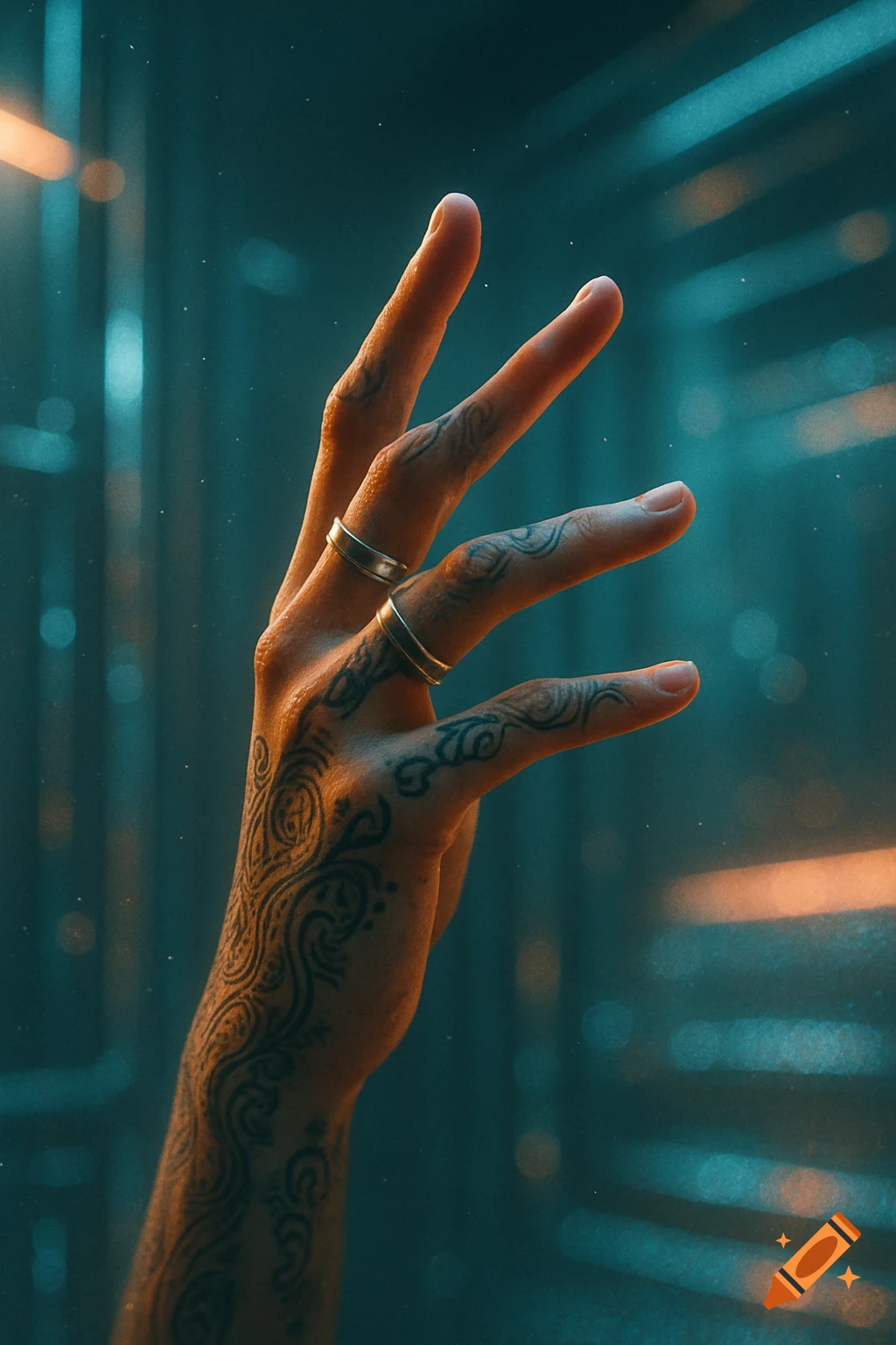 Close-up of a hand with intricate black tattoos and two silver rings, lit by orange and blue light against a bokeh background.