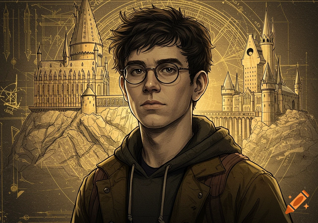 A detailed illustration of a young man with messy dark hair and glasses, set against a golden fantasy castle with blueprint-like details.