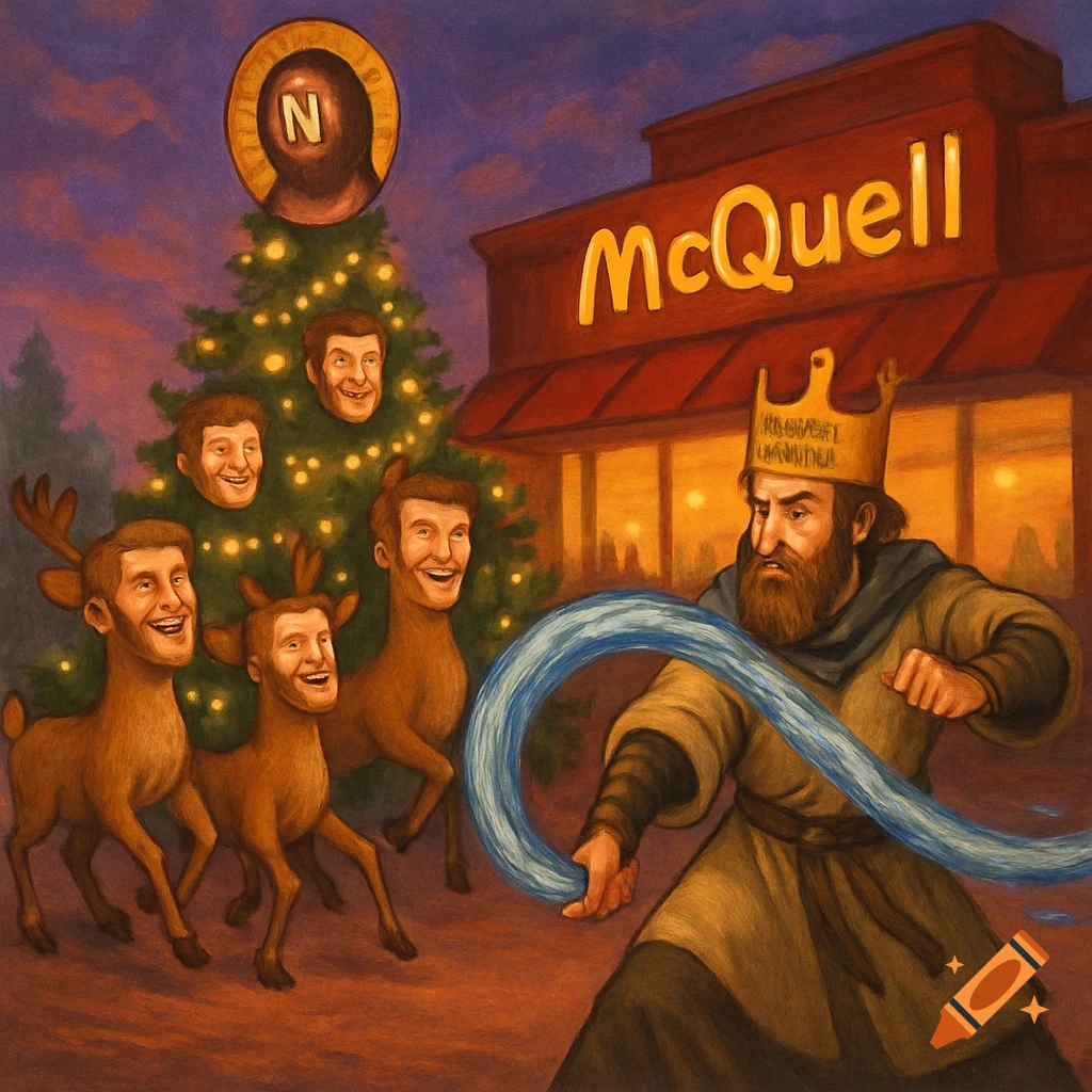 A monk-like figure bends water in front of a McQuell restaurant. Deer with human faces dance around a Christmas tree topped with an N.