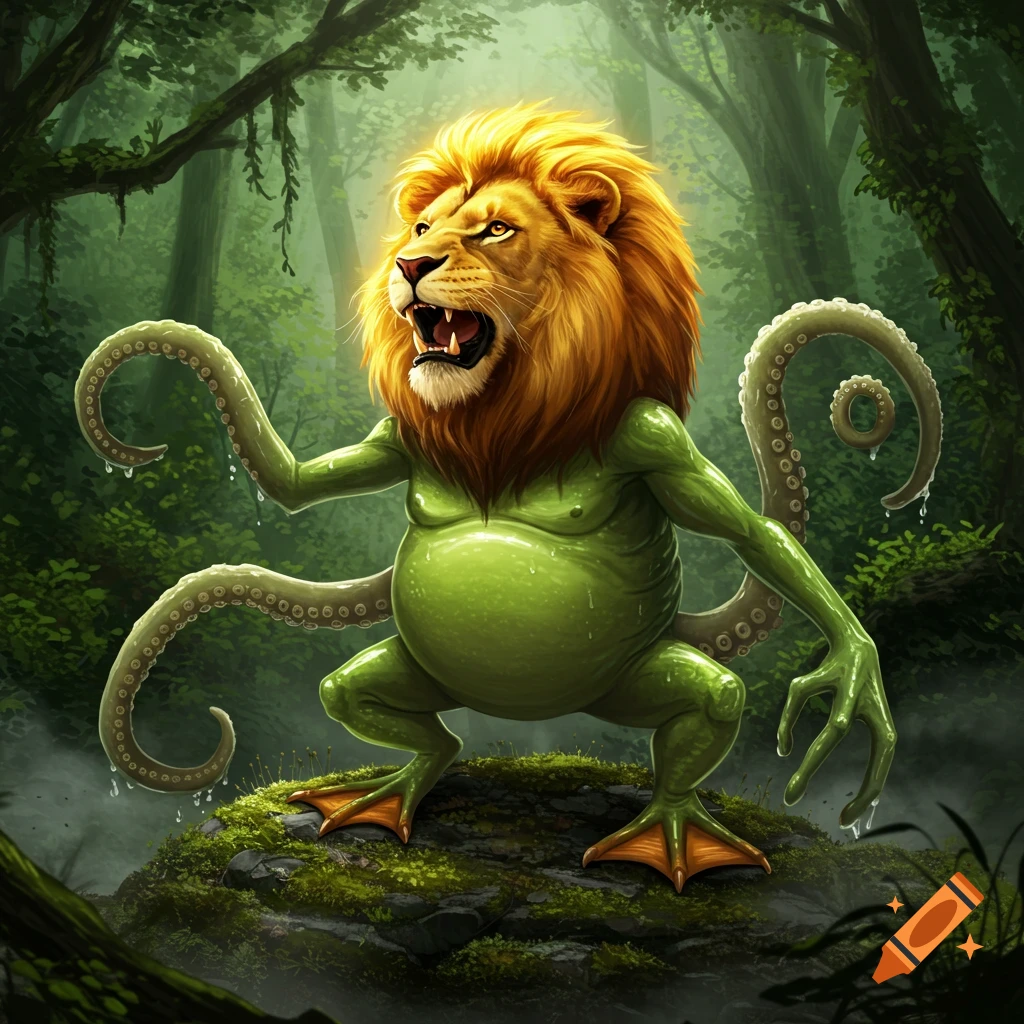 A fantasy monster with a lion's head, green frog body, duck feet, and octopus tentacles for arms stands on a mossy rock in a jungle.