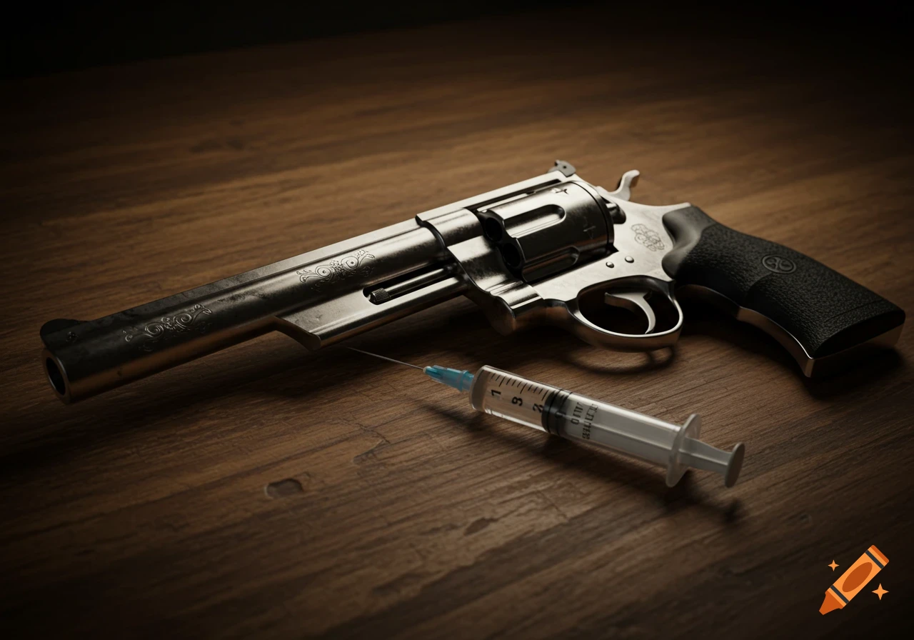 A photorealistic image of a silver revolver and a syringe lying on a wooden table, lit dramatically.