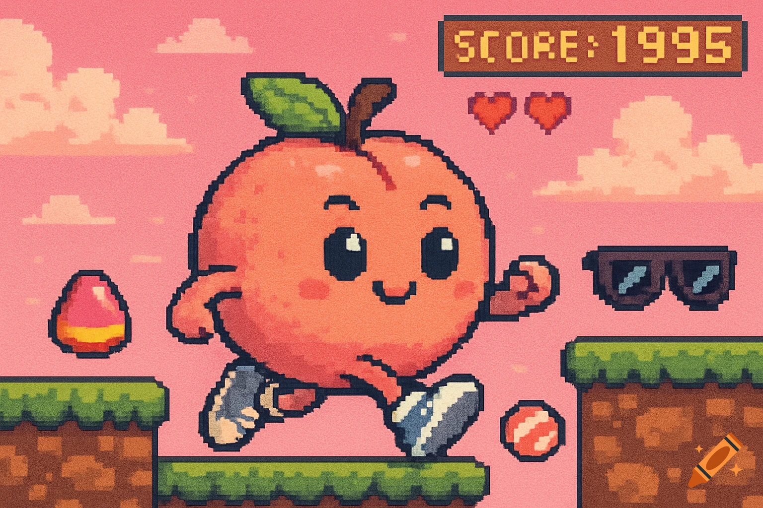 Cute pixel art peach character running in a retro 90s platformer game with a pink sky, green platforms, and a score of 1995.