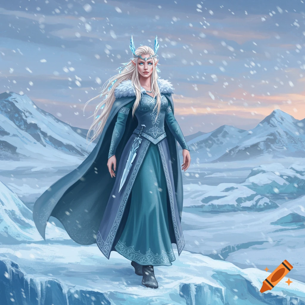 A beautiful snow elf woman with long blonde hair, wearing a blue fur-trimmed dress and cape, stands in a snowy mountain landscape.