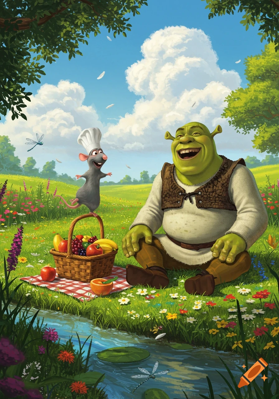 Shrek laughs as Remy the rat, wearing a chef hat, stands on a picnic basket in a vibrant meadow by a stream.