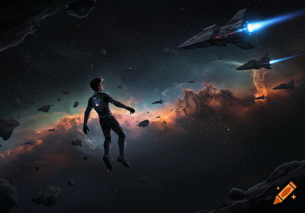 A man in a futuristic suit floats in deep space, surrounded by asteroids, spaceships, and a vibrant orange and blue nebula.