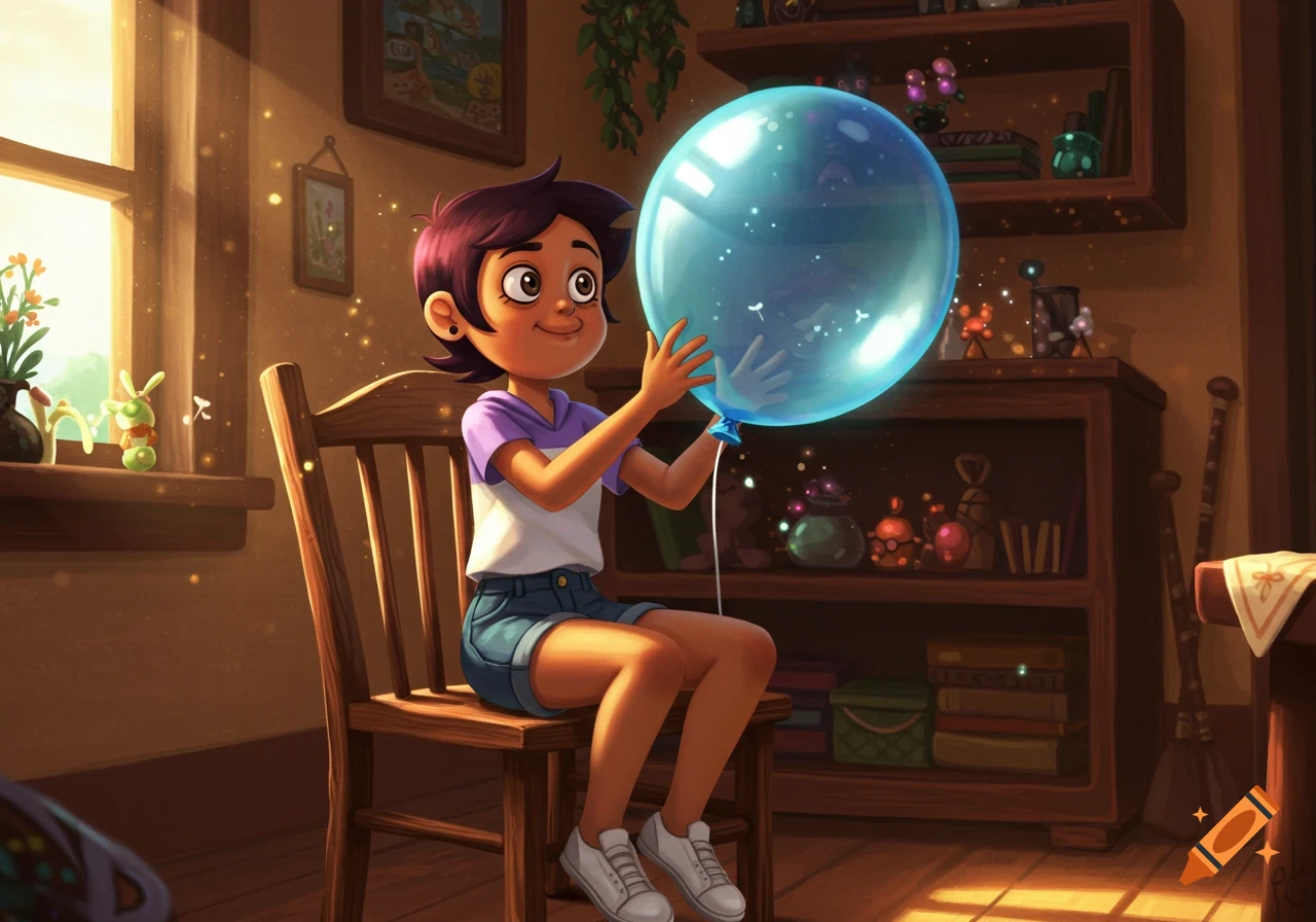 Cartoon character Luz Noceda sits on a wooden chair, holding a glowing blue balloon in a sunlit room with shelves.