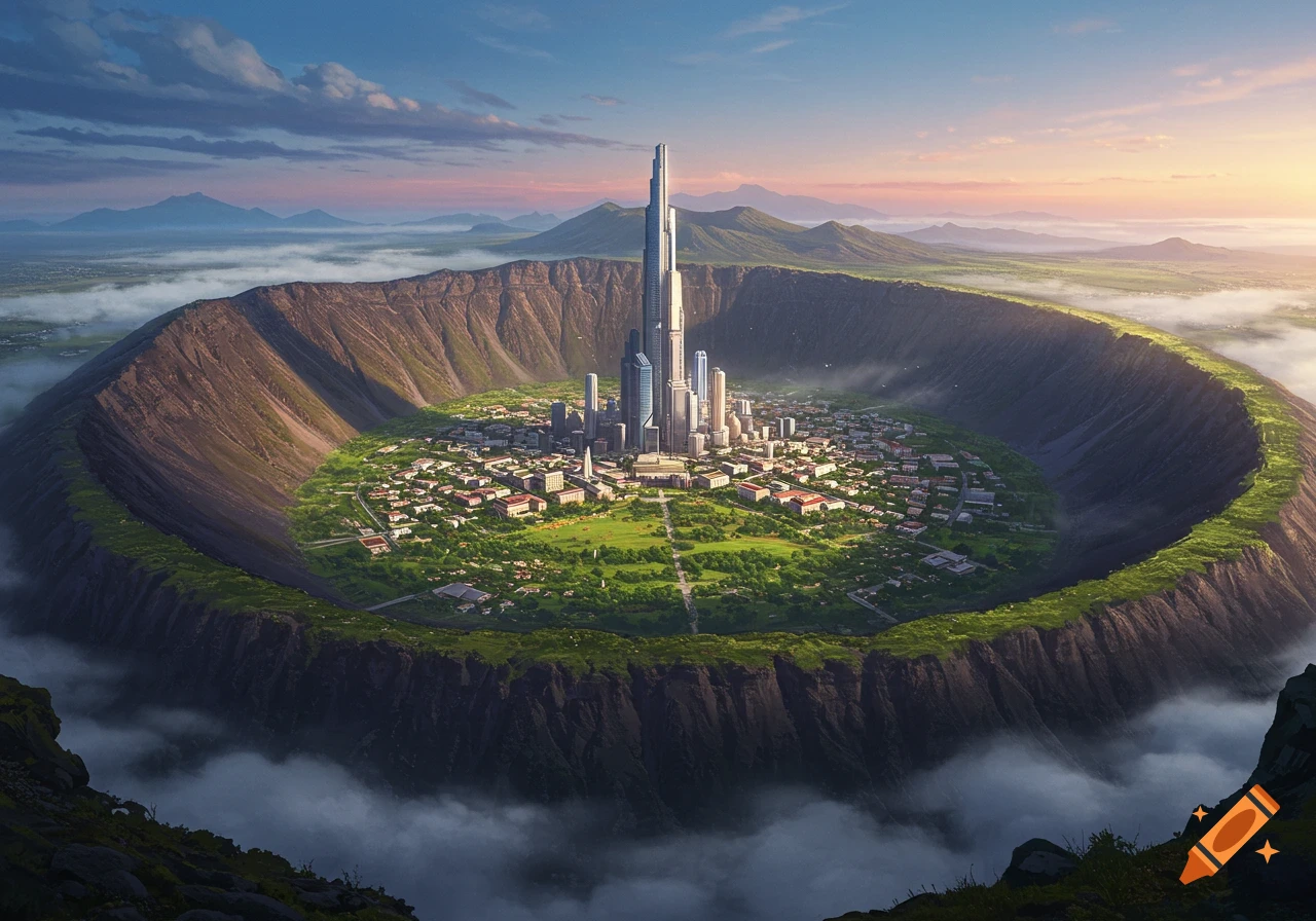 A sprawling futuristic city with a towering skyscraper built within a large volcanic caldera, surrounded by misty mountains at dawn. Digital art.