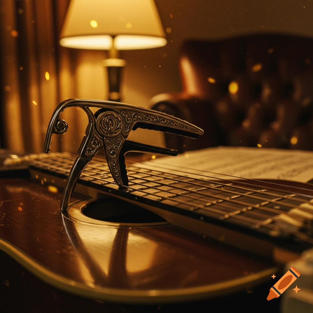 An ornate capo rests on the fretboard of an acoustic guitar, bathed in warm light from a lamp in a cozy room.