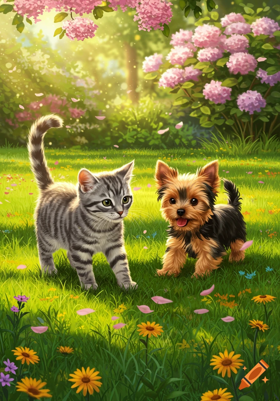 A grey tabby kitten and a Yorkshire Terrier puppy stand in a sunlit field with pink and yellow flowers and pink blossoms.