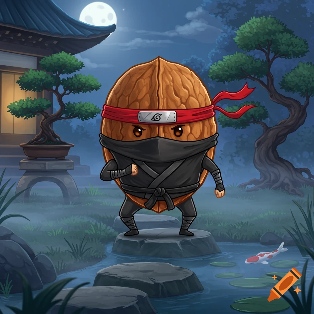 Cartoon ninja walnut standing on stepping stones in a moonlit Japanese garden with a pagoda and koi.
