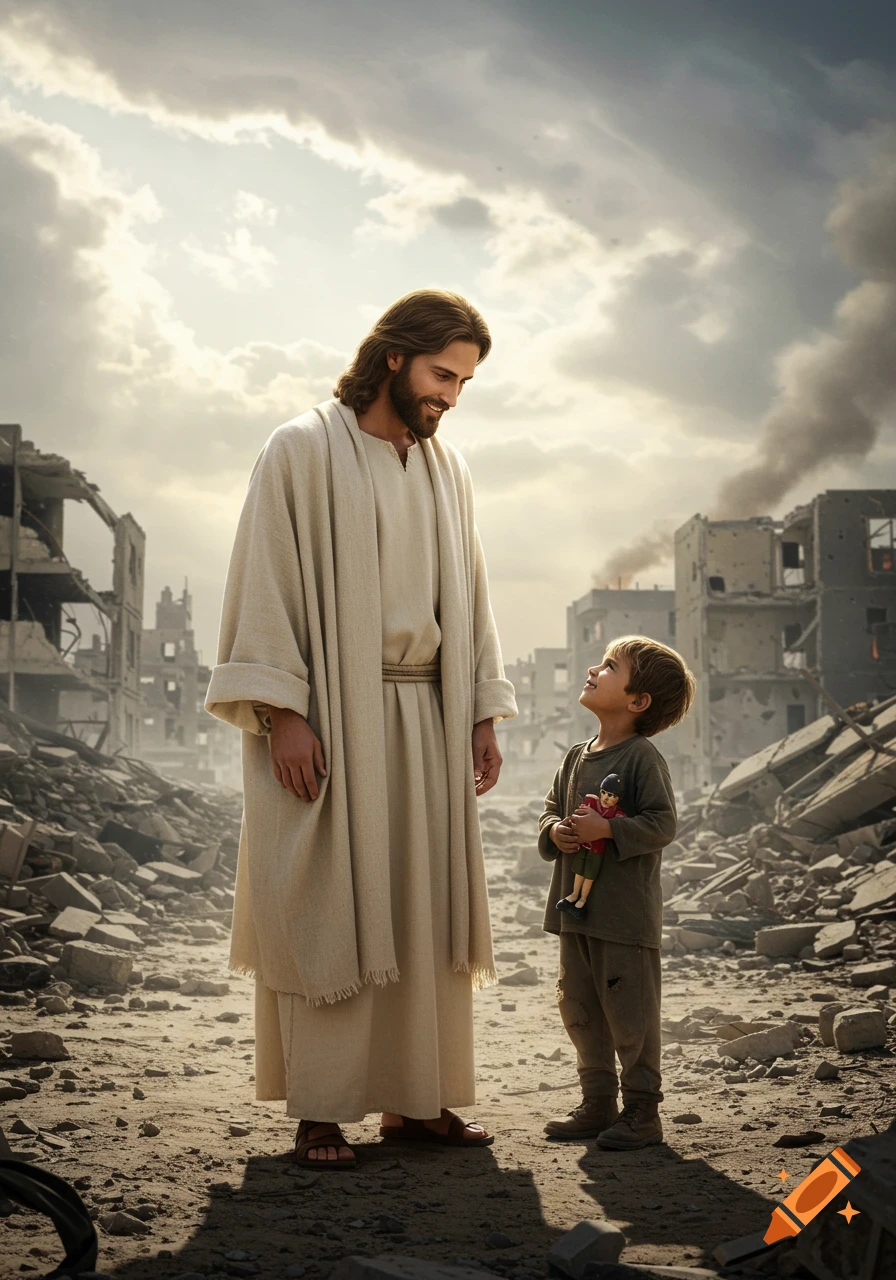 Photorealistic Jesus smiles at a child holding a doll amidst the ruins of a war-torn city.