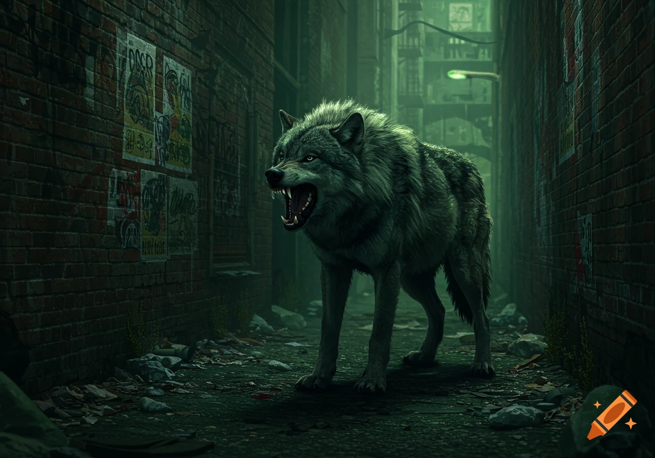 A snarling wolf stands in a dark, grungy urban alley with brick walls covered in illegible posters.