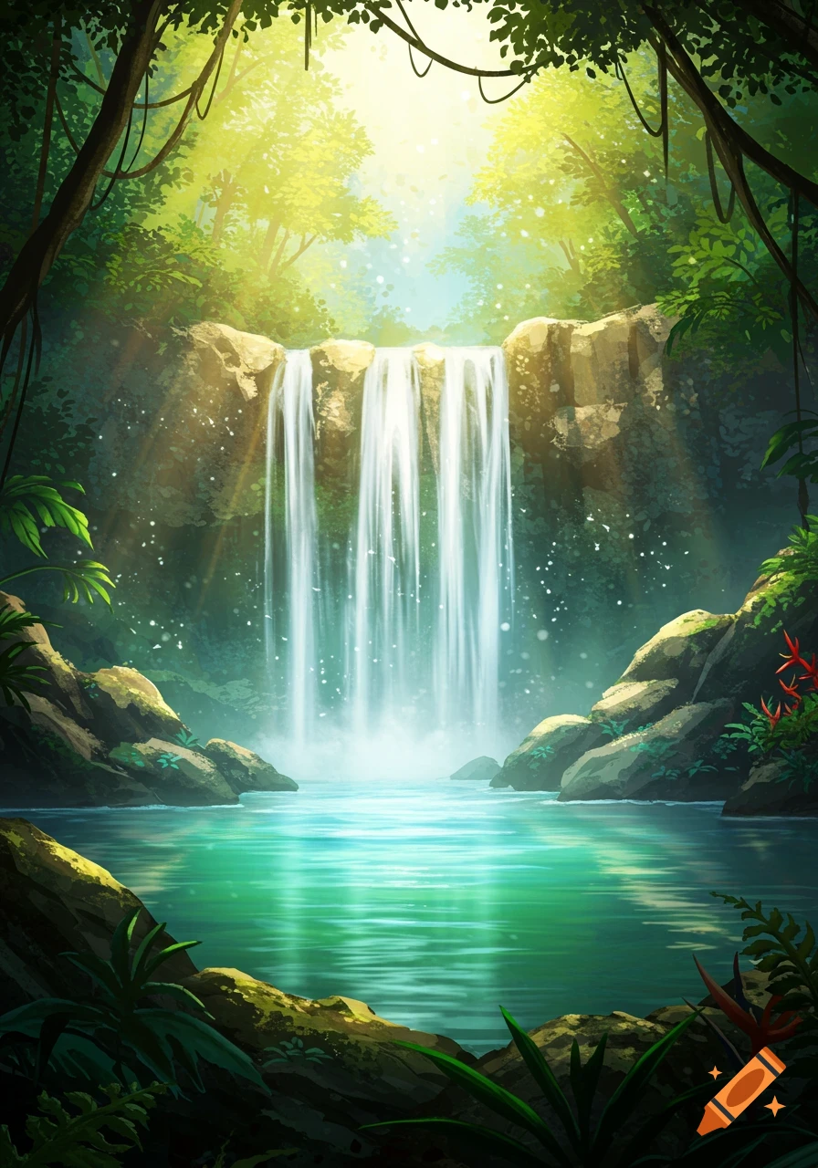 Vibrant illustration of a majestic waterfall cascading into a serene, turquoise pool within a lush, sunlit jungle.