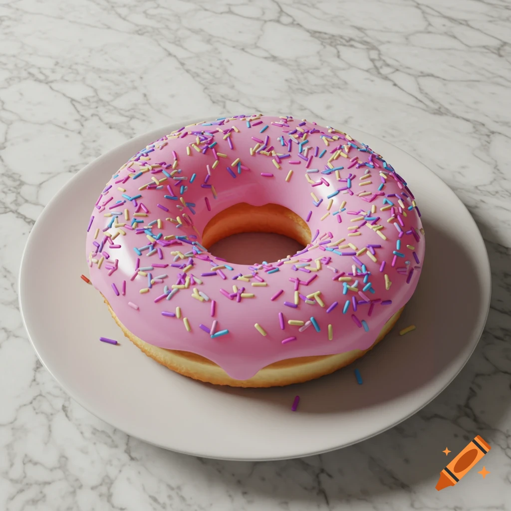 A photorealistic image of a pink iced donut with colorful sprinkles on a white plate, set on a marble surface.