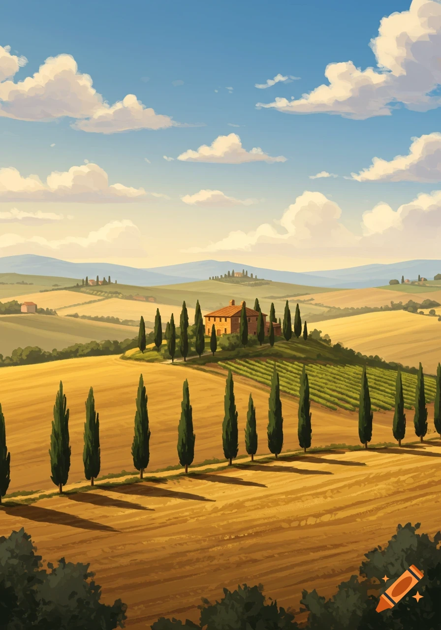 An illustrated pastoral Tuscan landscape with rows of cypress trees, golden fields, green hills, and a traditional farmhouse under a blue sky.