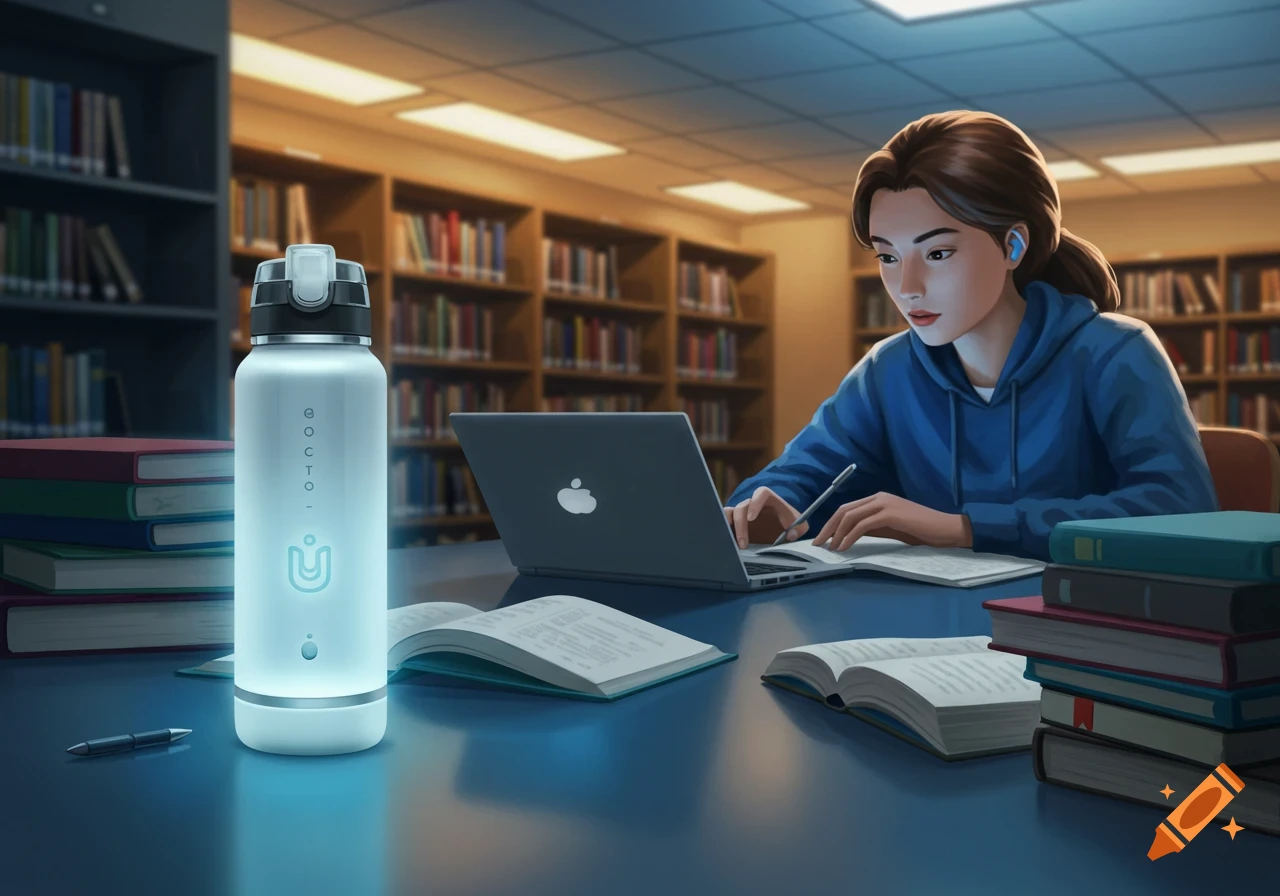 A female student in a blue hoodie studies at a desk in a library, with an illuminated smart water bottle and laptop nearby, in a digital art style.