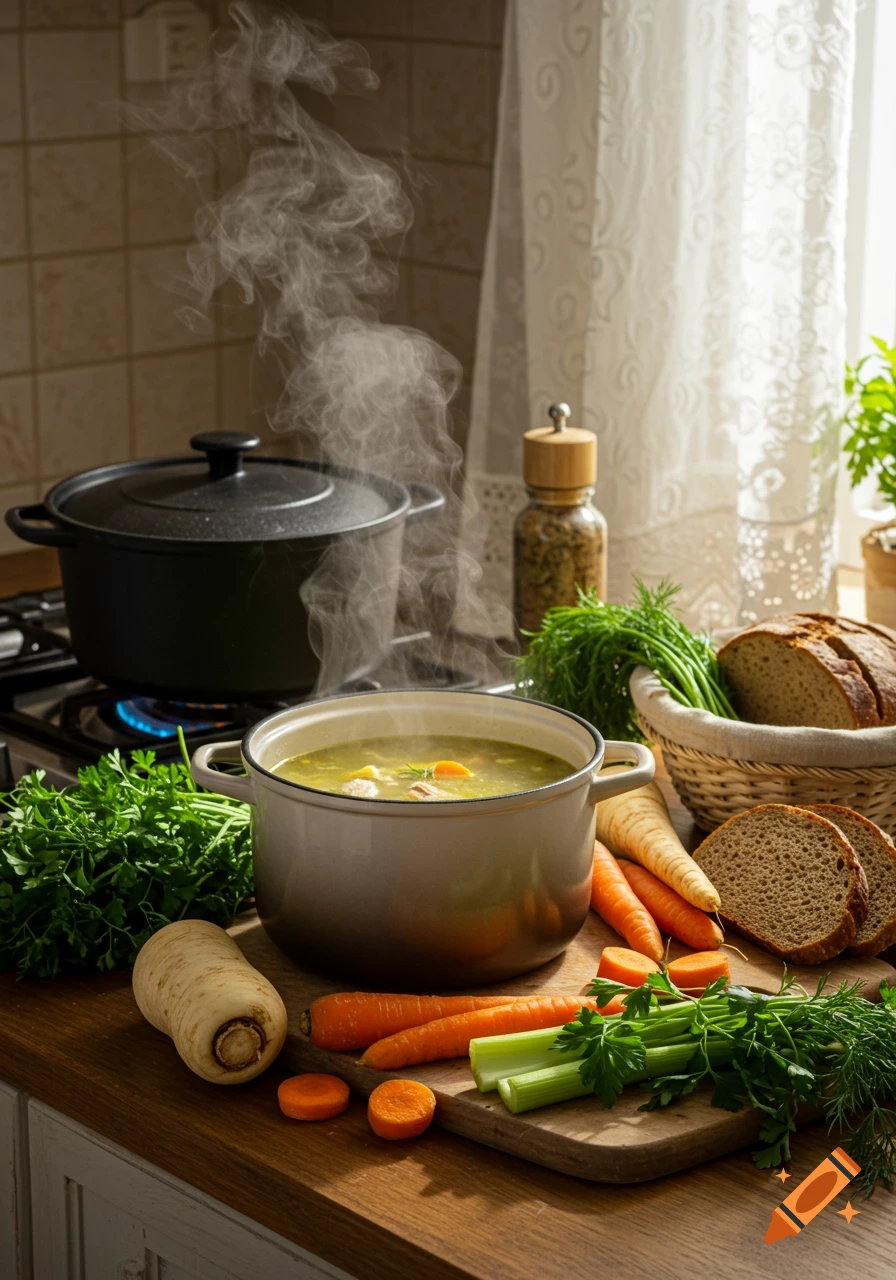 Steaming pot of soup on a wooden kitchen counter, surrounded by fresh carrots, celery, parsley, and sliced bread in a sunlit kitchen.