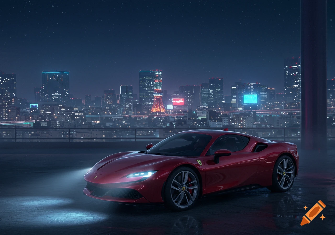 A red Ferrari SF90 sports car with headlights on, parked on a wet rooftop overlooking a vibrant Tokyo cityscape at night.