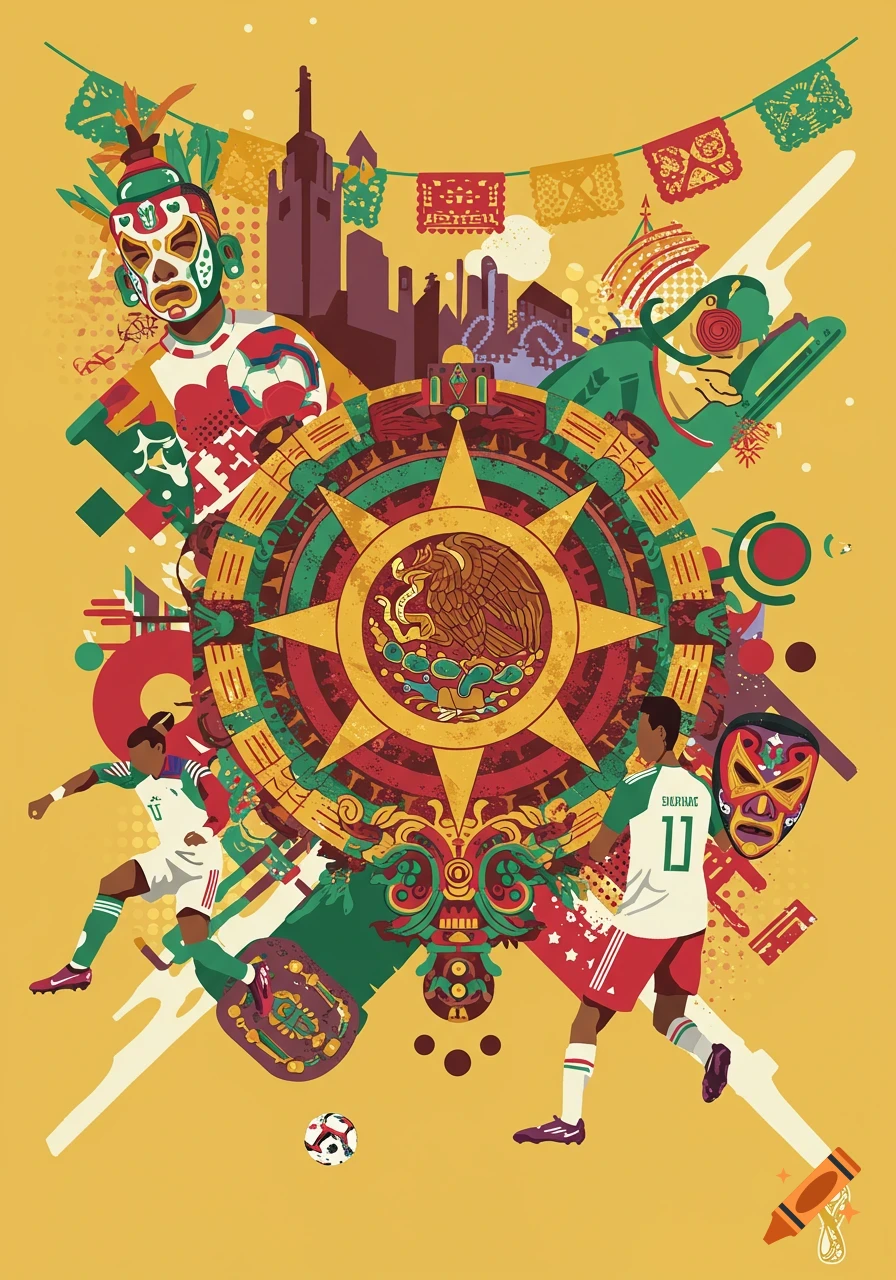 Vibrant pop art illustration blending Mexican culture with football. Features an Aztec sun stone, soccer players, lucha libre masks, papel picado, and a stylized city skyline against a yellow background.